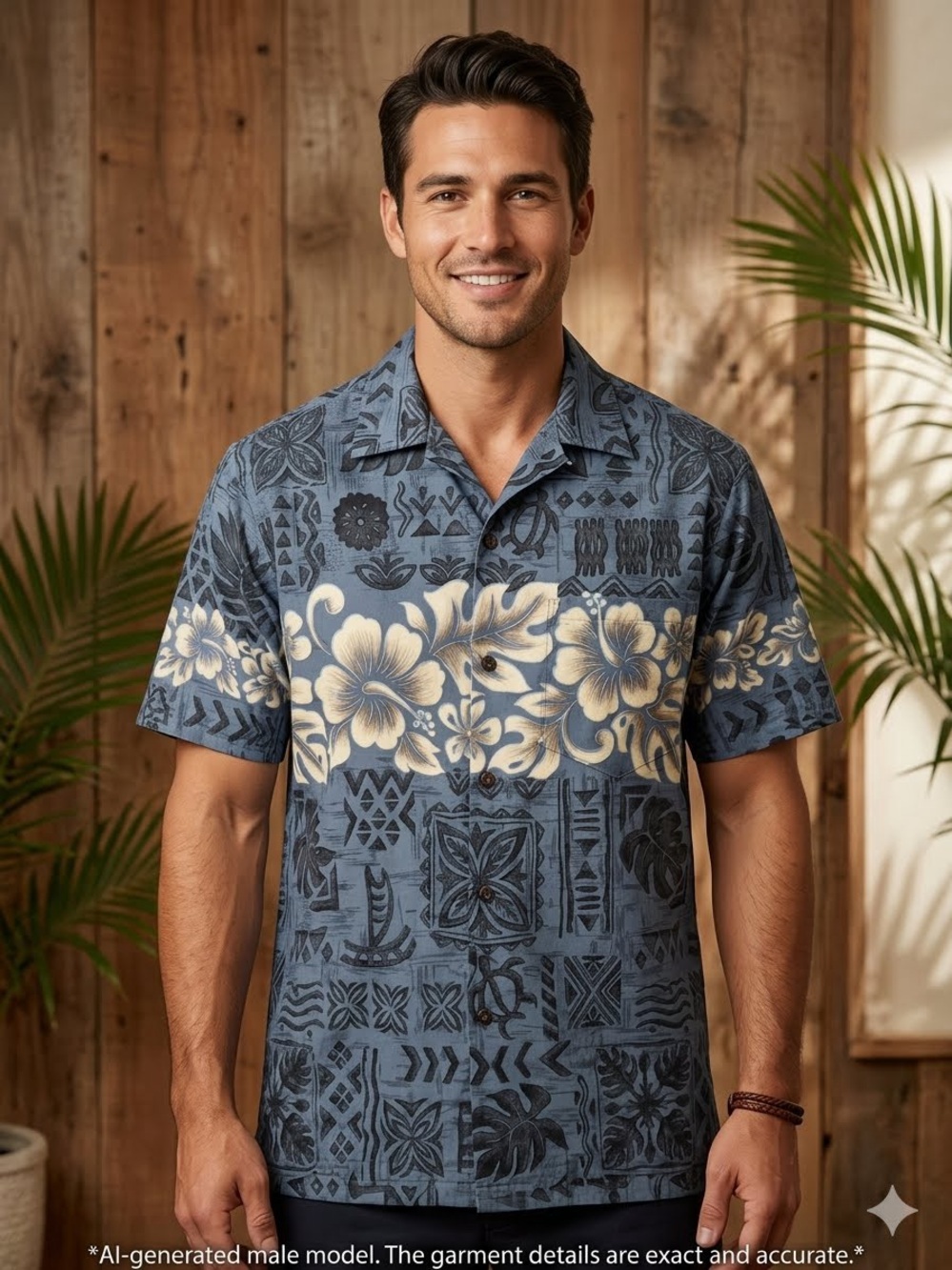 VTG Winnie Fashion Hawaiian Shirt Men M Blue Tapa Hibiscus Aloha Camp